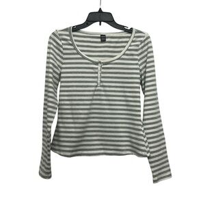 SHEIN Striped Long Sleeve Henley Top Size Large Scoop Neck Gray White Stretchy